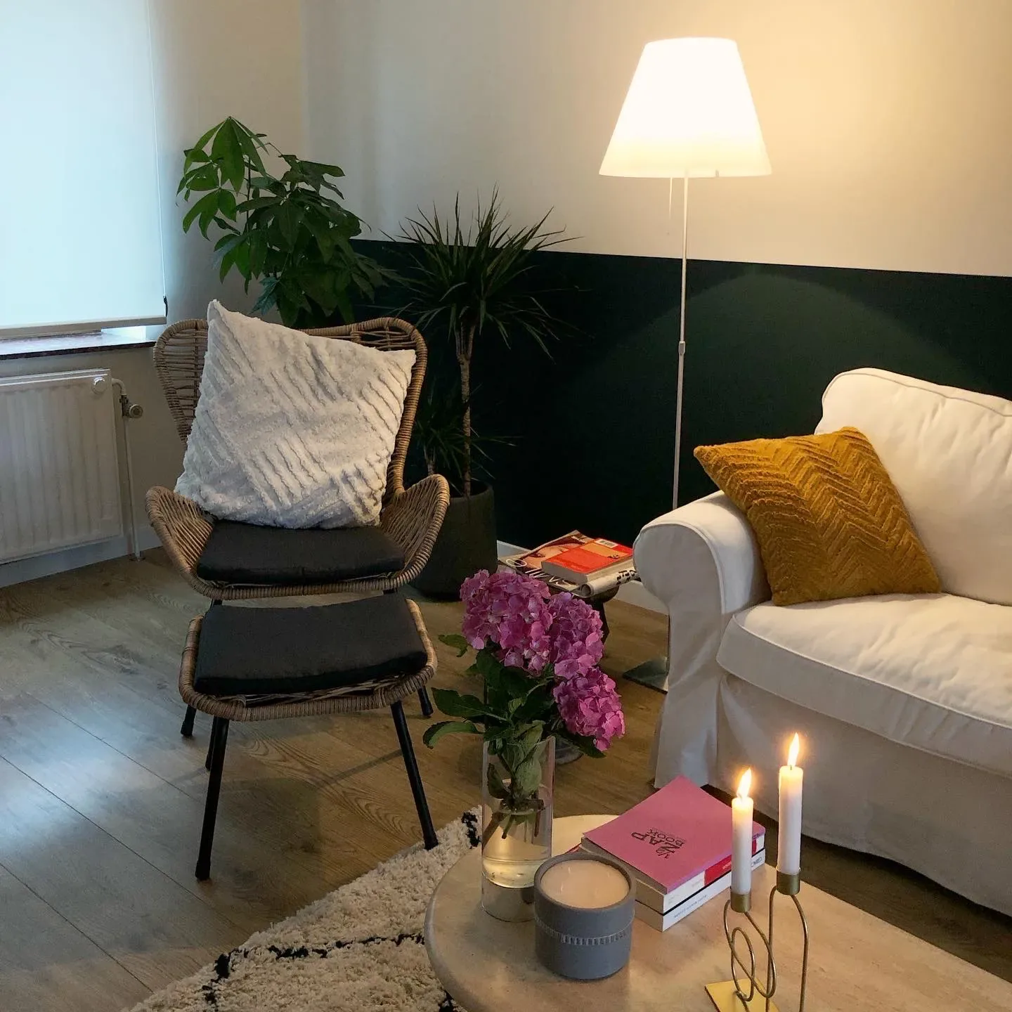 Rive Gauche — angolo salotto, poltrona in rattan e zoccolatura verde abete