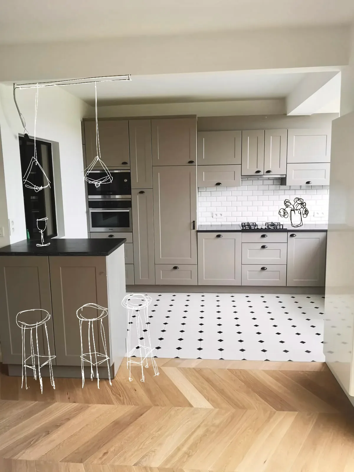 Sterrebeek — cucina grigia con ante shaker, pavimento a scacchi e parquet a spina di pesce (schizzo di progetto)